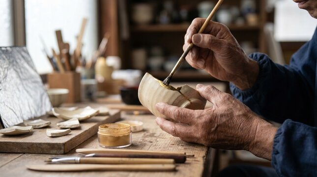 Manos de anciano reparando cer&aacute;mica japonesa con oro kintsugi