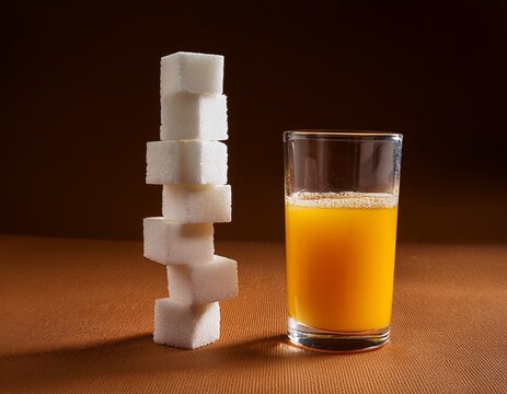 hidden sugars in seemingly healthy drinks are symbolized by a precarious sugar cube stack next to an orange juice glass promoting sugar consumption awareness