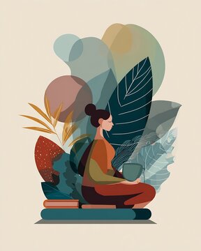 Seated woman meditating with a bowl among oversized leaves and abstract shapes in muted earth tones