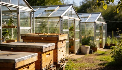 Fototapeta premium Buzzing stacked wooden beehive boxes attracting honeybees beside glass greenhouses, with metal lids
