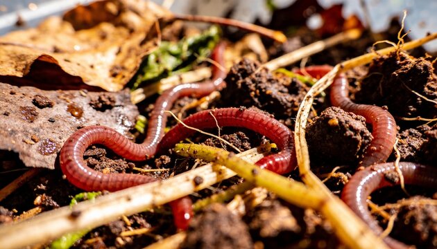 Wriggling reddish-brown earthworms crawling through moist garden soil among decaying leaf and roots