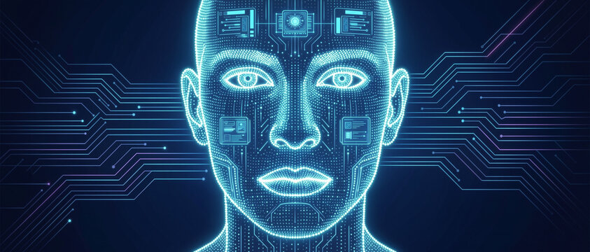 Digital human face composed of glowing circuitry and microchips, symbolizing artificial intelligence and advanced technology integration.
