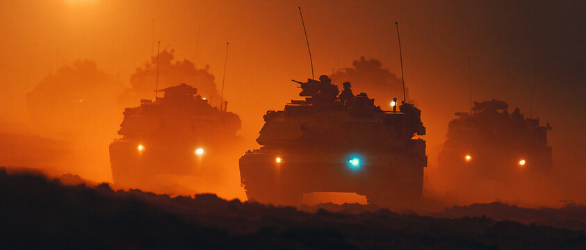 Military vehicles advancing at dusk battlefield photography foggy environment low angle tactical maneuvers