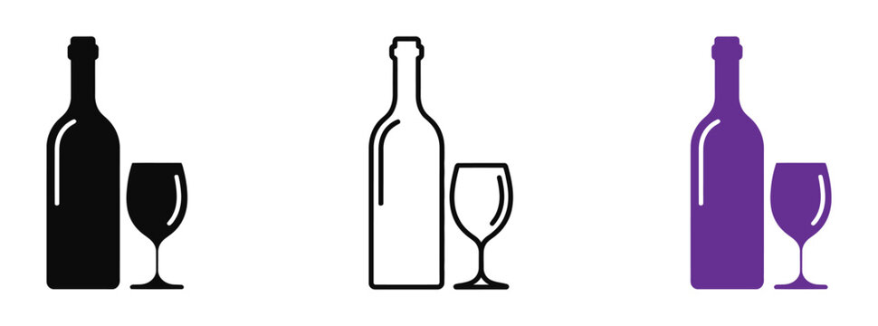 Wine bottle and glass icons in black, White, And purple color schemes for design and branding purposes vector illustration