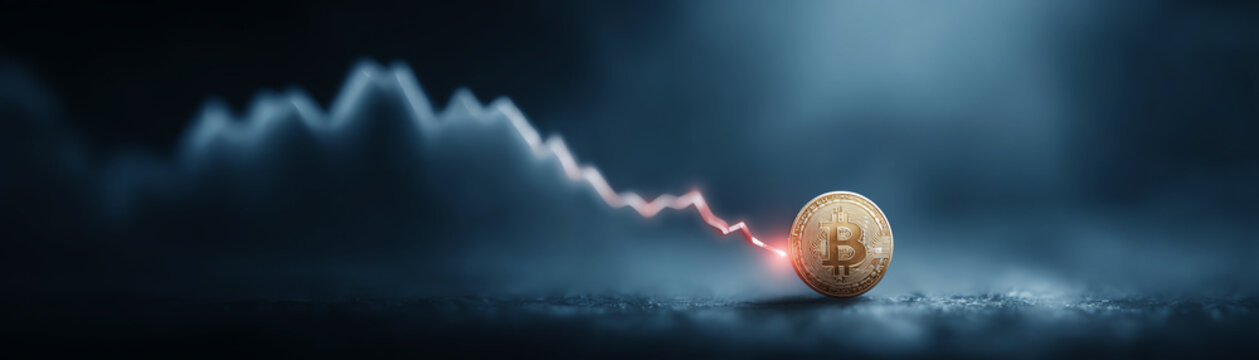 Bitcoin red luminous data line descending, financial crisis, cryptocurrency market volatility, digital currency loss