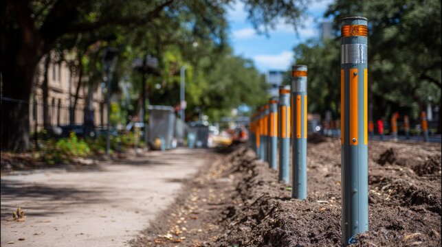 Row of vertical delineators guiding traffic through lane closure during urban road repair and asphalt paving work, highlighting infrastructure maintenance, construction safety and transport