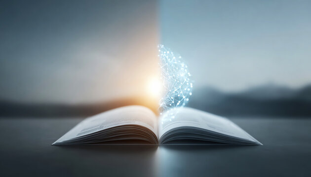 Open book sunrise digital network futuristic knowledge learning technology innovation education imagination