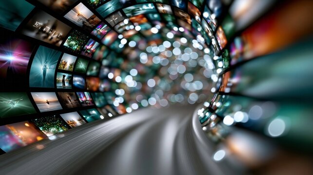 Abstract tunnel composed of many screens displaying diverse video content, representing global data streaming and digital connectivity