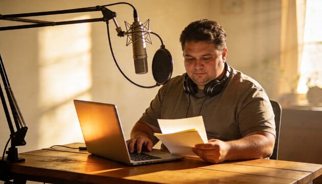 Reading male podcaster in tee holding script pages and tapping laptop, checking mic in home studio