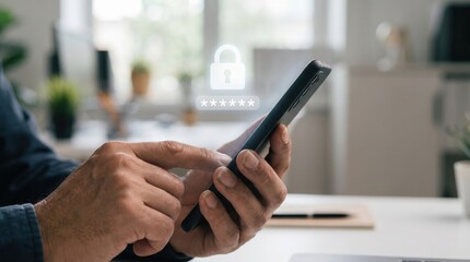 Fototapeta premium Business professional accessing secure mobile application for data protection with digital padlock icon overlay on smartphone screen for cybersecurity concept