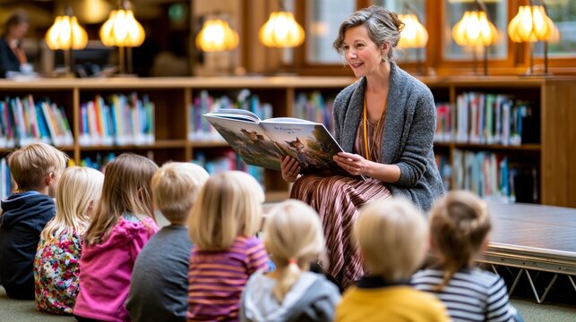 Woman engaging a group of young children with a picture book during storytime in a cozy library setting