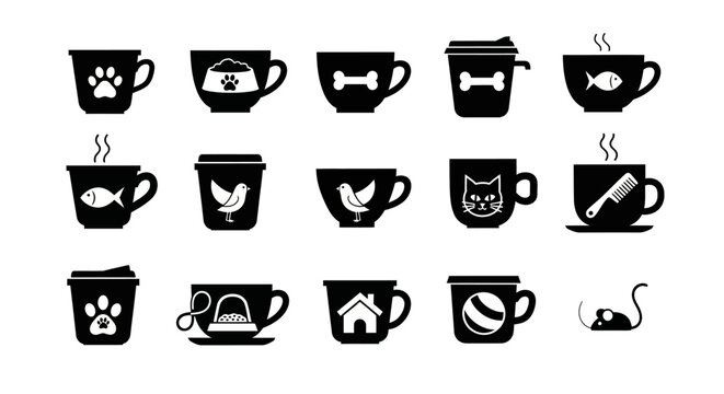 Pet care and animal themed coffee mug icons set showing silhouettes of paws bones fish birds cats and houses for veterinary cafes and animal lovers branding