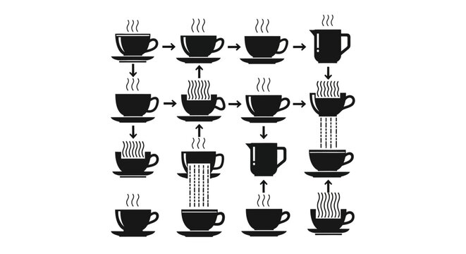 Process flow coffee cup icons illustrating sequence and stages of brewing with arrows pots and heat indicators for procedural diagrams and instruction guides