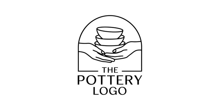 Minimalist line art logo of two hands holding a stack of ceramic bowls for a pottery studio or craft workshop business branding Vector, illustration