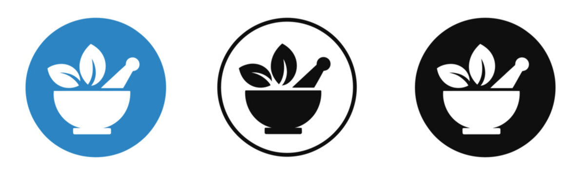 Herbal medicine icon set with mortar and pestle vector illustration