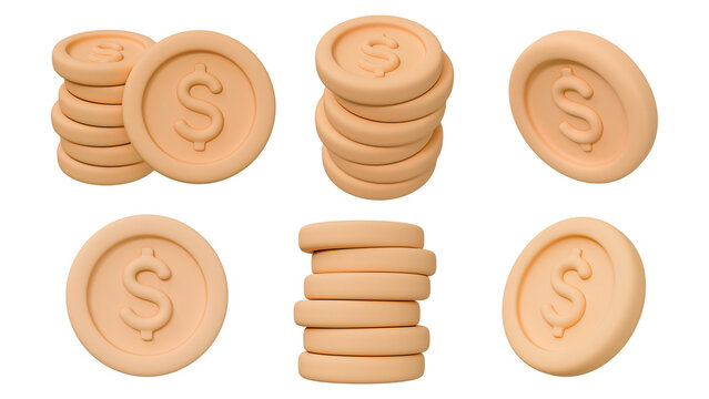 Coin dollar stack token money cash saving, finance investment wealth budget economy, banking payment income profit currency deposit, 3d clay matte pastel aesthetic asset set, 3d illustration.