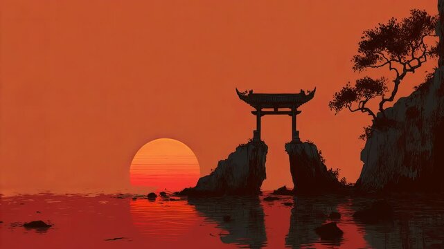 Chinese arch silhouette at sunset, realistic vector illustration background