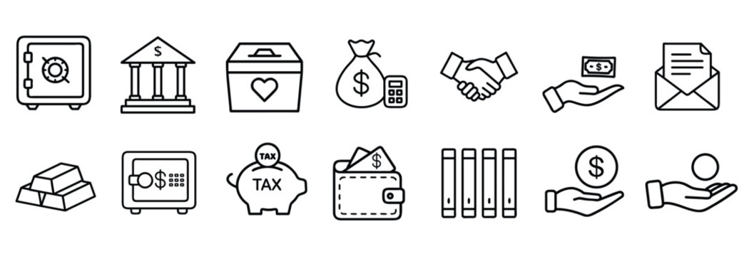 Banking financial savings web line icons set bank building office secure vault safe gold bar ingot money wallet purse tax piggy bank & more vector with editable stroke