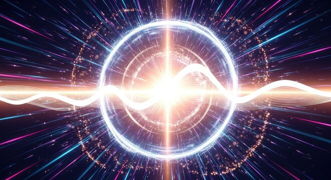 Abstract Digital Energy Portal with Futuristic Light Trails and Glowing Sound Wave Pattern