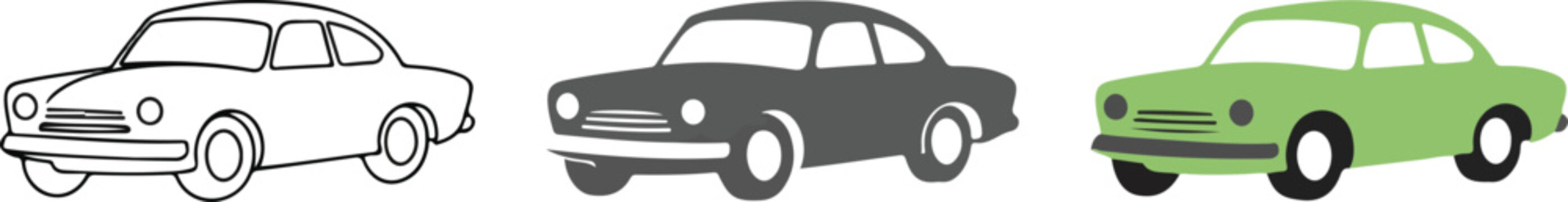 Vintage retro car vector icon set featuring classic coupe designs in outline silhouette and green color for automotive transport and nostalgia branding,