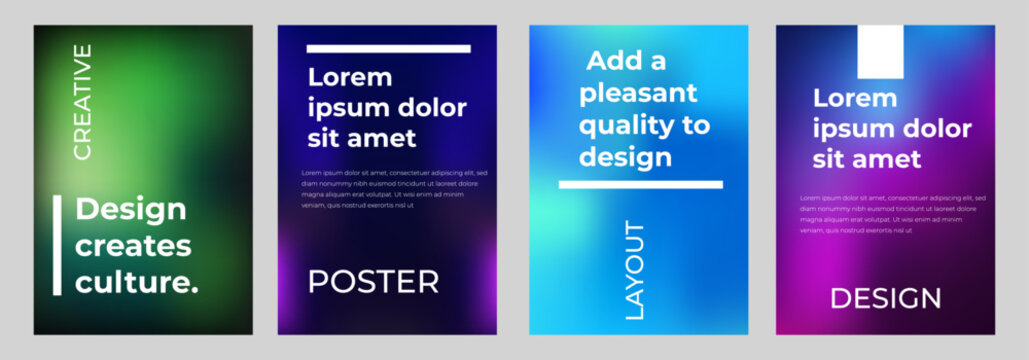 Set of four modern business poster templates with colorful gradient backgrounds and clean typography for creative corporate branding projects and professional marketing materials