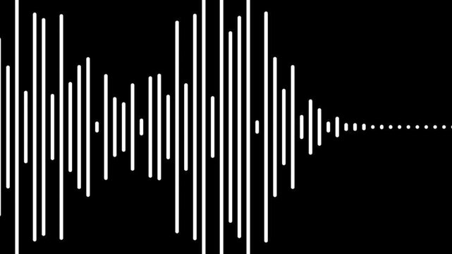 Pulsating white audio waveform equalizer on a black background representing sound frequency and rhythm