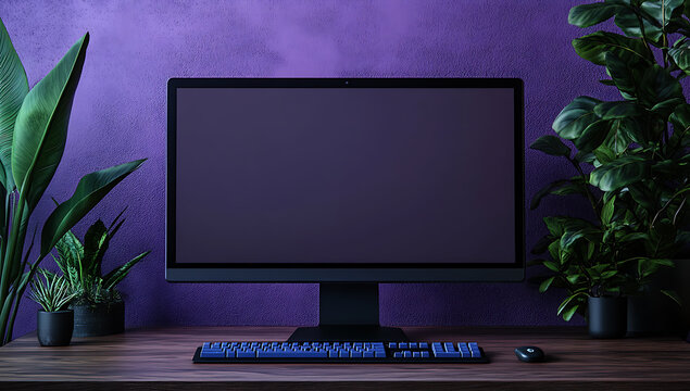 Modern desktop computer with a blank screen on a wooden desk surrounded by lush green plants against a vibrant purple textured wall background