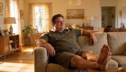 Fototapeta premium Reclining man in olive polo resting on sofa, feet on coffee table in sunlit living room