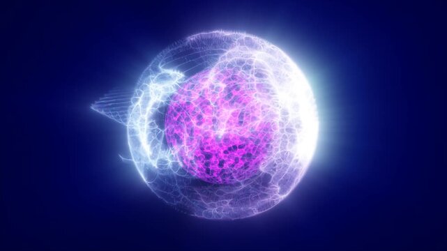 Bright translucent energy sphere with vivid pink core and glowing electric shell on deep blue background