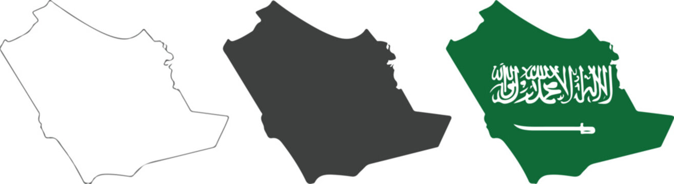 Saudi Arabia map set with outline silhouette and national flag design vector illustration for middle east geography and travel,