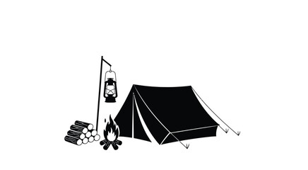 Black silhouette of camping tent with campfire firewood and lantern isolated on white background for outdoor adventure and tourism design. © ALBART
