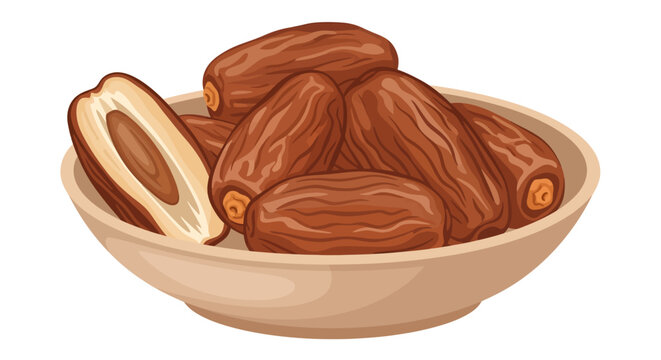 A beautifully illustrated light wooden bowl overflows with plump, sweet brown dates, featuring one sliced open to reveal its natural pit and soft inner flesh against a bright, smooth white background