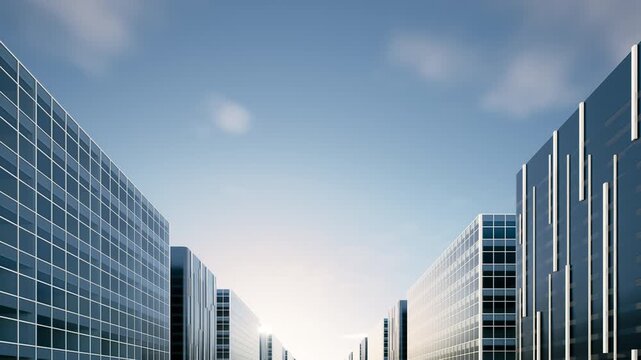 Skyscrapers rising into sky with cinematic hyperlapse cloud movement. Sleek glass facades and architectural design create seamless urban skyline ideal for real estate marketing, property investment.