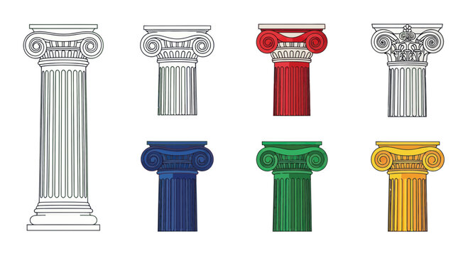 Set of Greek Ionic Columns in Various Colors and Styles, Vector Illustration