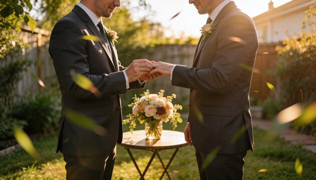 Sliding ring, two men wearing dark suits and ties exchanging rings in backyard, with bouquet