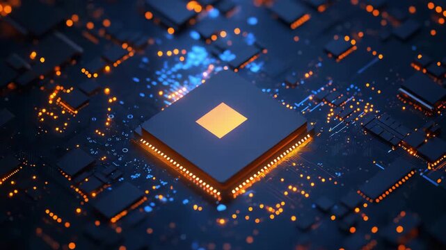 A computer chip is shown on a circuit board with glowing orange lights creating an abstract pattern and design