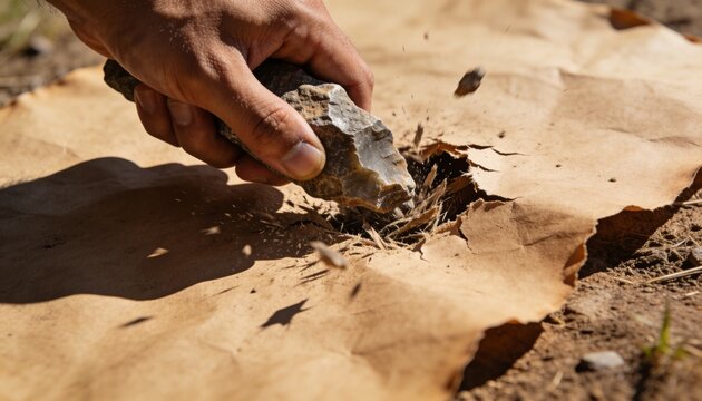 Striking bare adult male hand gripping flint stone tearing kraft paper on soil, ejecting flakes