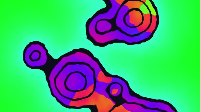 Abstract colorful fluid shapes morphing with thick black outlines on green screen