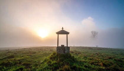 Obraz premium Stone well on a grassy hill with morning fog and soft sunlight background