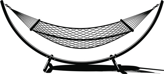 Vector illustration of a rope mesh hammock on a curved metal stand in black silhouette style for garden relaxation themes. © ALBART