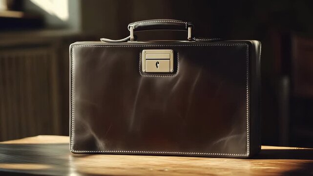 A leather briefcase sits on a wooden table in a well lit room highlighting its design and craftsmanship