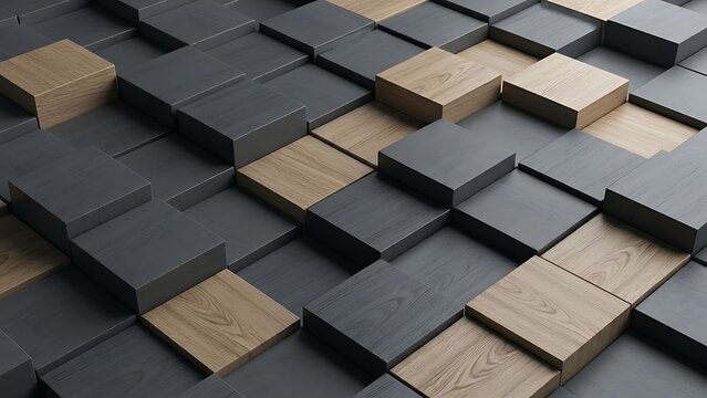 Geometric pattern of alternating dark grey and wood textured cubes creating a dynamic textured background