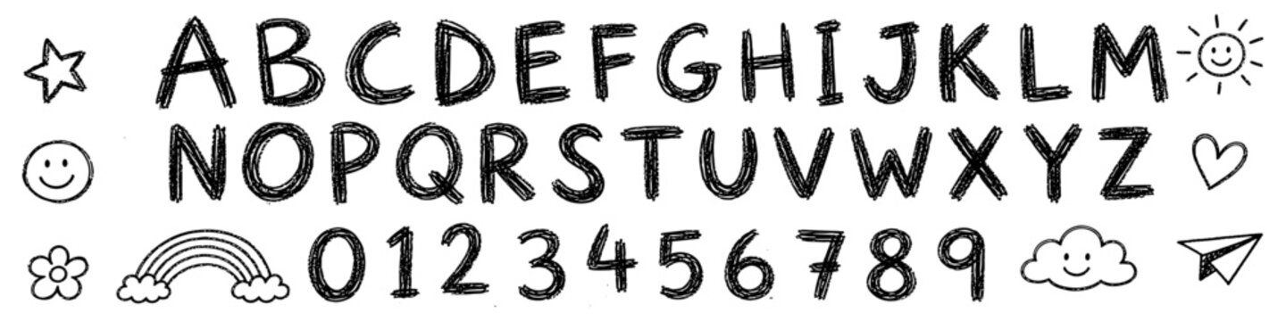Hand drawn black childish font, playful kid alphabet with letters and numbers in fun sketchy style. Creative doodle typography for children education and decoration