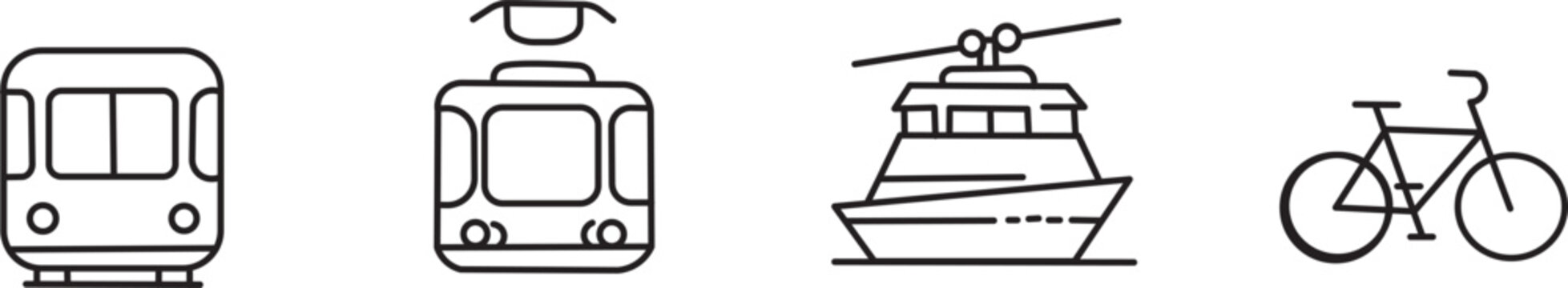 Collection of train icons front view different types of locomotives .Collection of public transportation icons featuring bus tram train taxi ferry 