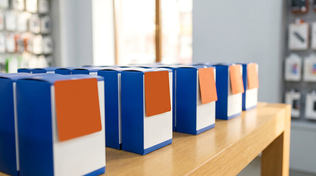 Display of blue and white product boxes with orange sale signs arranged neatly on a wooden table in a retail store showcasing various electronic items in the background
