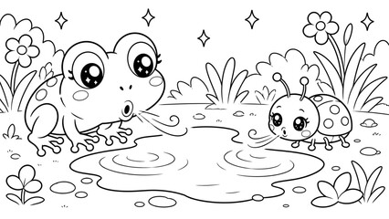 Fototapeta premium Cute frog and fish blowing bubbles in a whimsical pond setting 