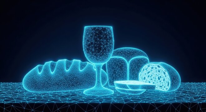 A blue glowing still life with bread and a wine glass illustration