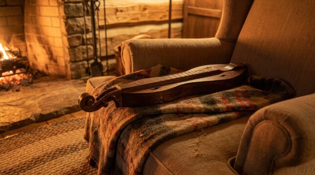 An antique Appalachian dulcimer rests on a patterned blanket near a warm fireplace in a rustic cabin.