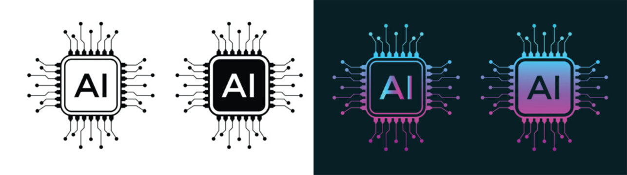 Artificial intelligence hardware and circuit technology icons. AI digital processor chip on motherboard. Machine learning system symbol. Futuristic electronic technology design