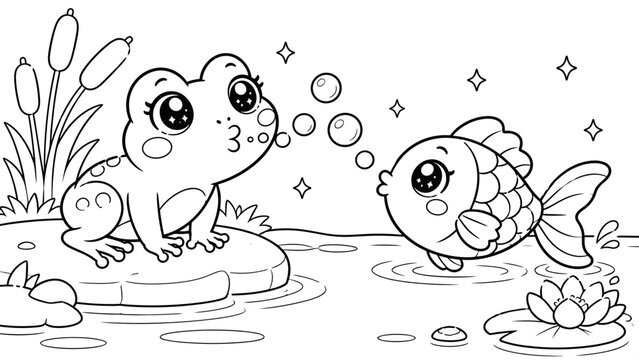 Cute frog and fish blowing bubbles in a whimsical pond setting